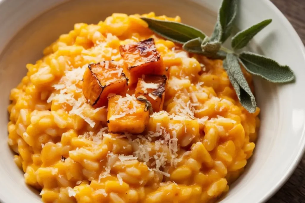 A bowl of creamy butternut squash risotto garnished with Parmesan cheese and fresh sage.