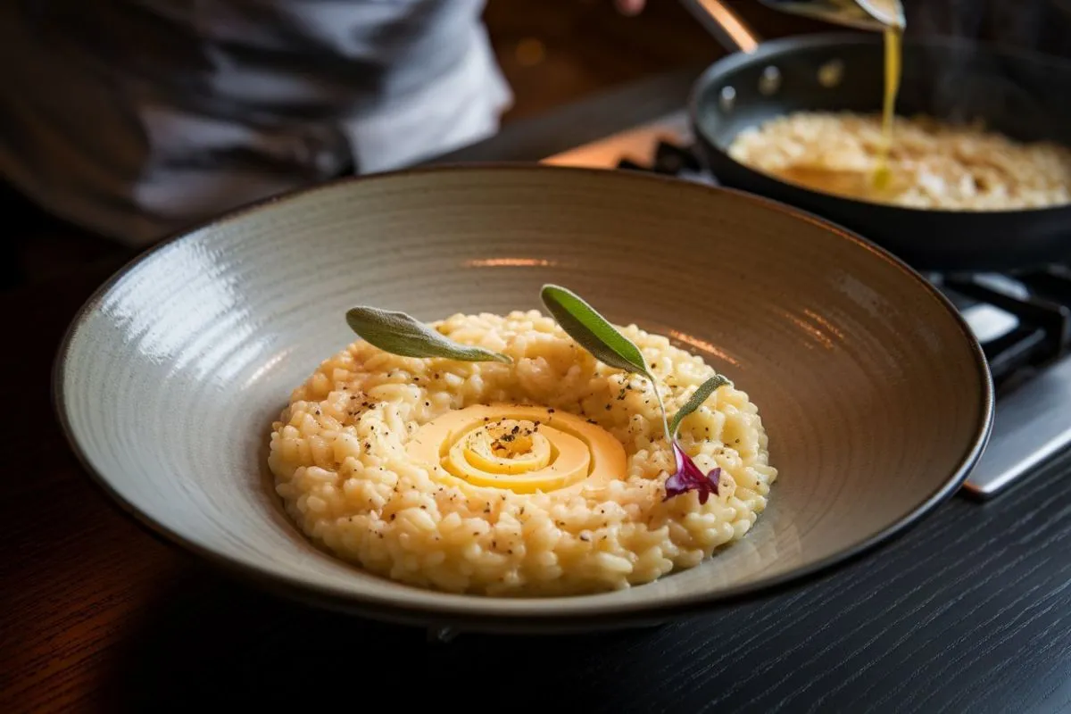 A close-up of a creamy risotto garnished with Parmesan and fresh herbs.