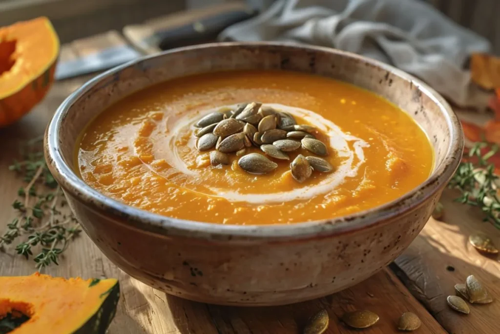 A bowl of creamy pumpkin soup garnished with pumpkin seeds and a swirl of cream.