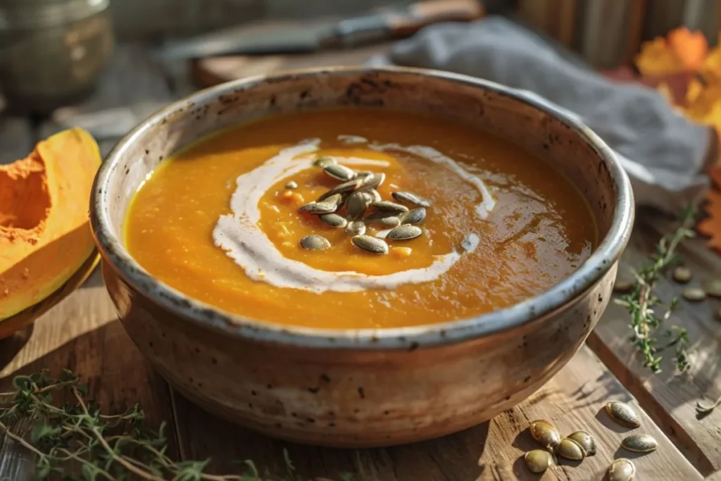 A bowl of healthy pumpkin soup with a sprinkle of herbs and a side of crusty bread.