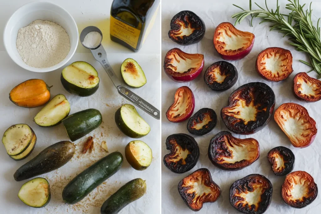 A tray of crispy roasted vegetables, including potatoes and brussels sprouts, dusted with cornstarch for extra crispiness.