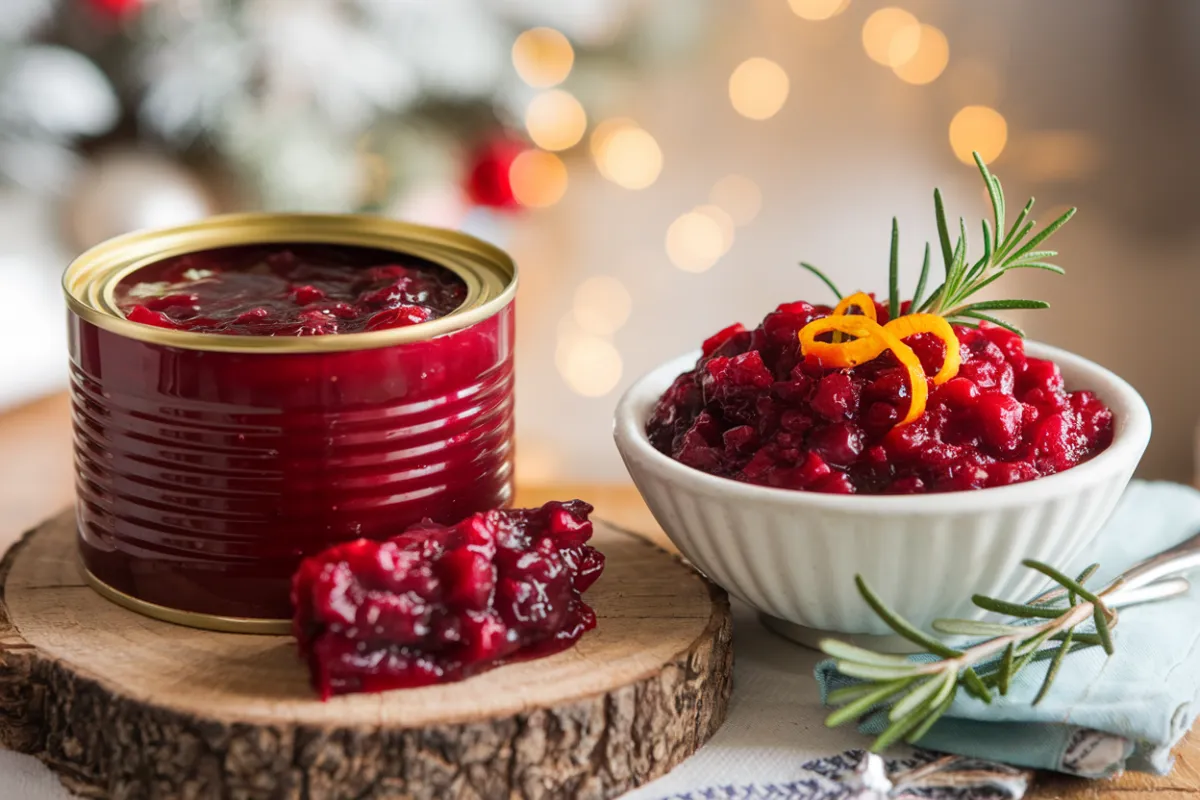 A comparison of jellied and whole berry cranberry sauce on a holiday table.