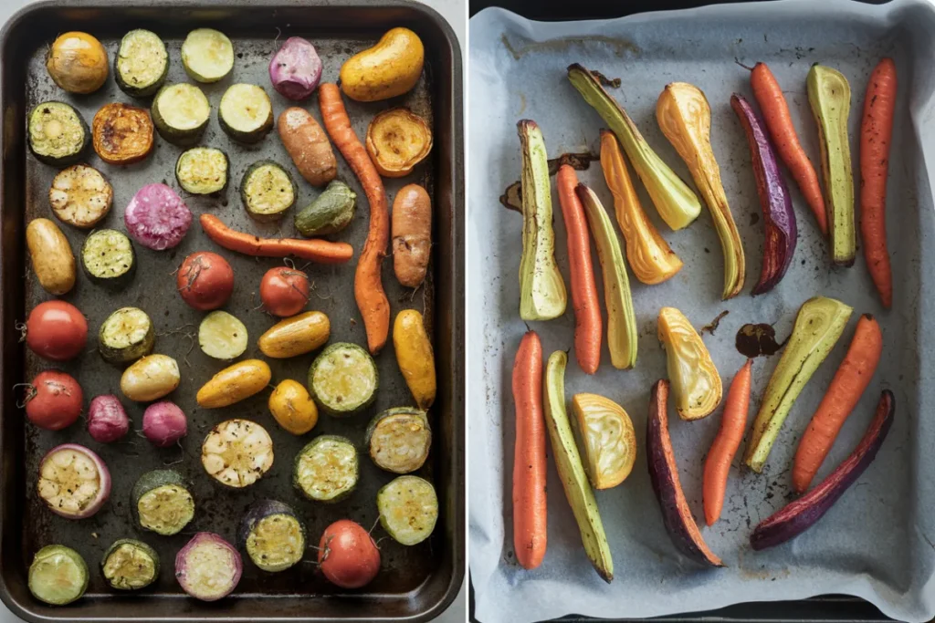 A tray of perfectly roasted vegetables with crispy edges, including carrots, brussels sprouts, and sweet potatoes.