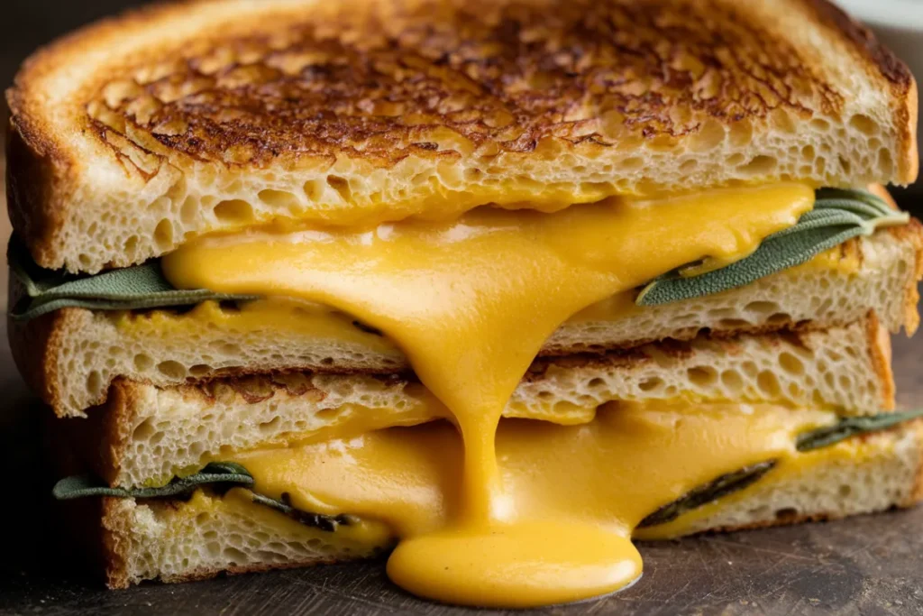 A golden-brown Pumpkin Sage Grilled Cheese sandwich with melted cheese oozing from the sides, served on a rustic cutting board.