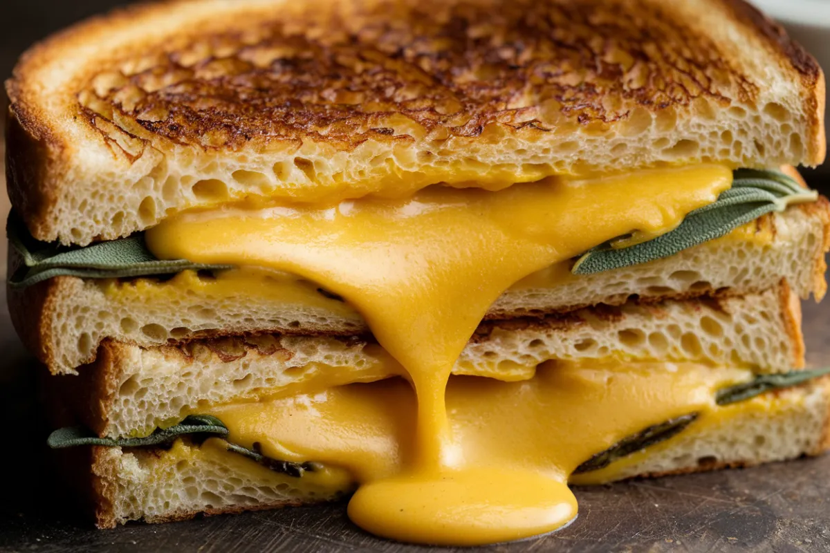 A golden-brown Pumpkin Sage Grilled Cheese sandwich with melted cheese oozing from the sides, served on a rustic cutting board.