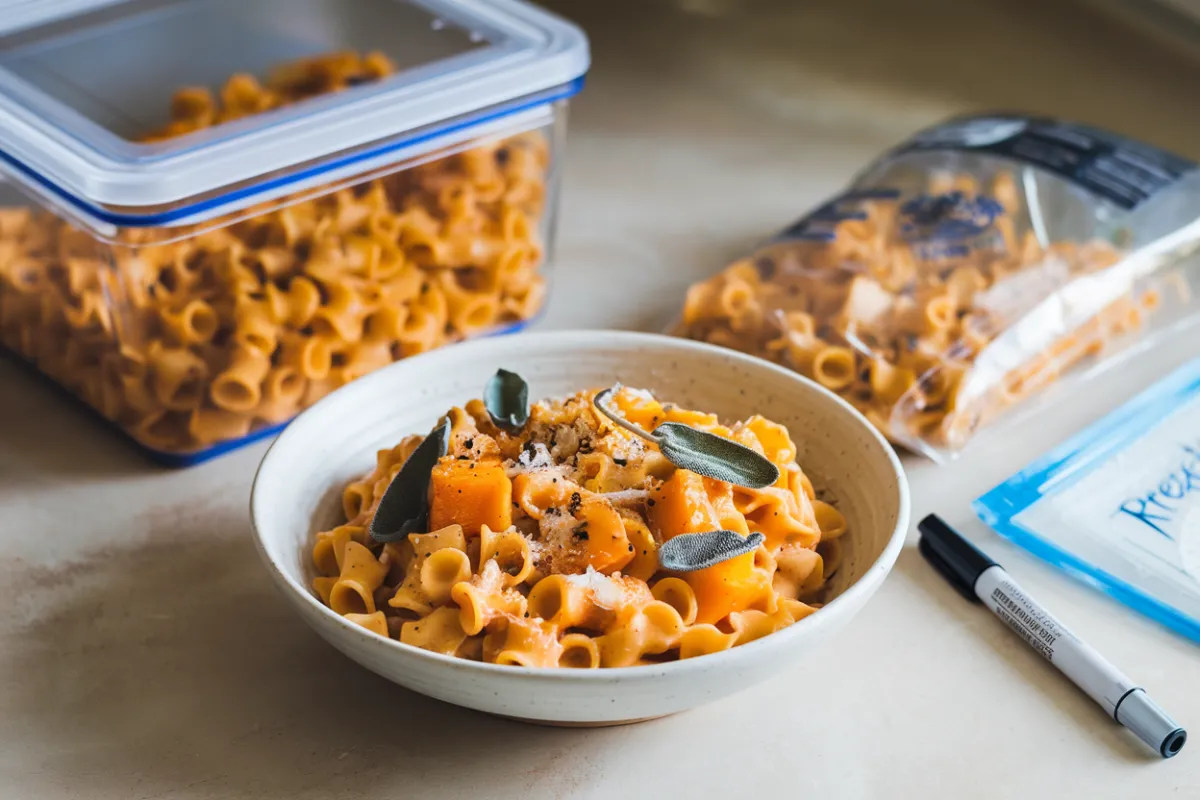 A container of butternut squash pasta being prepared for freezing.