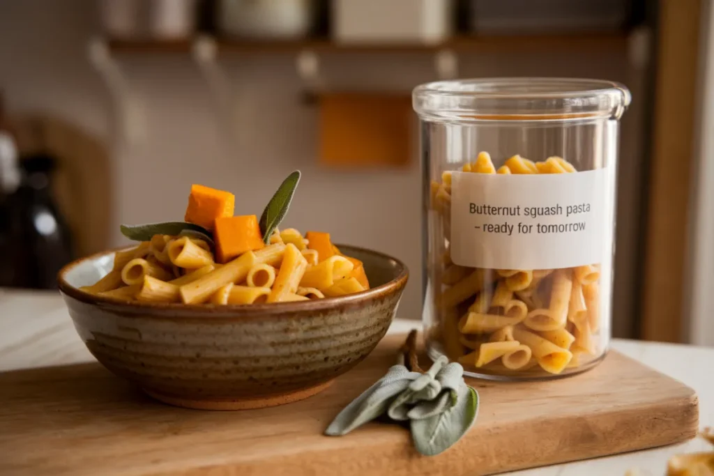 A dish of butternut squash pasta stored in a container, ready for reheating.