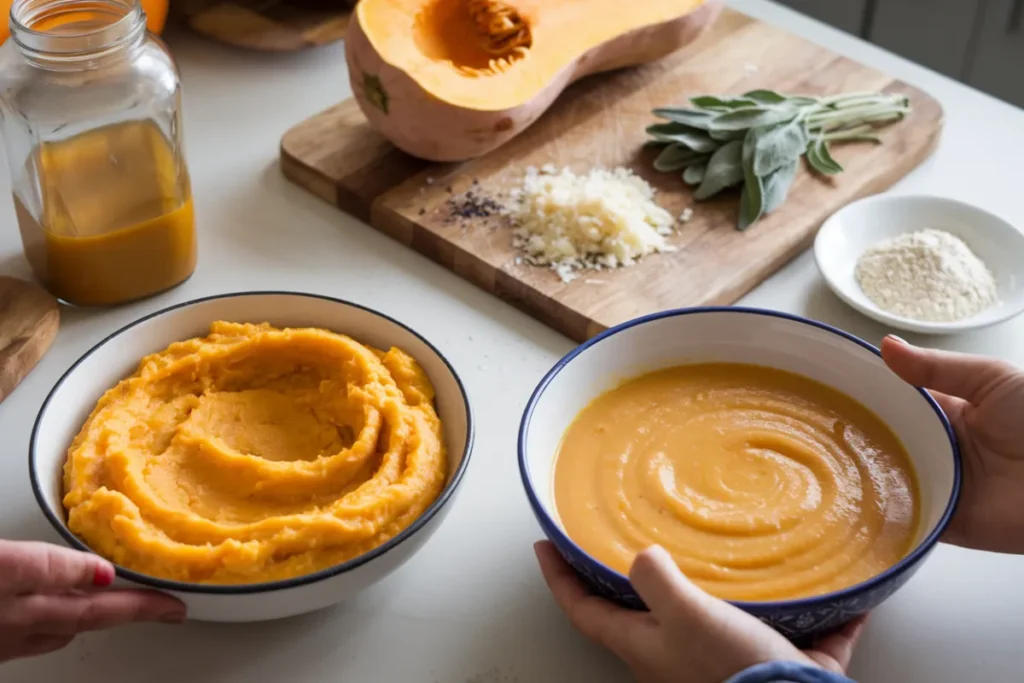 A spoon stirring butternut squash sauce in a pot, demonstrating the process of adjusting sauce consistency.