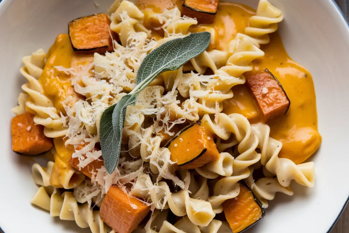 A plate of creamy butternut squash pasta topped with sage and Parmesan cheese.