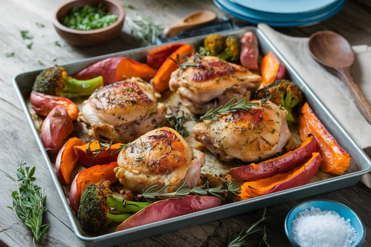 A colorful sheet pan filled with roasted chicken and vegetables.