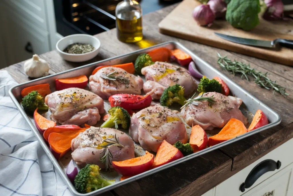 Raw chicken and vegetables arranged on a sheet pan, ready to be baked.