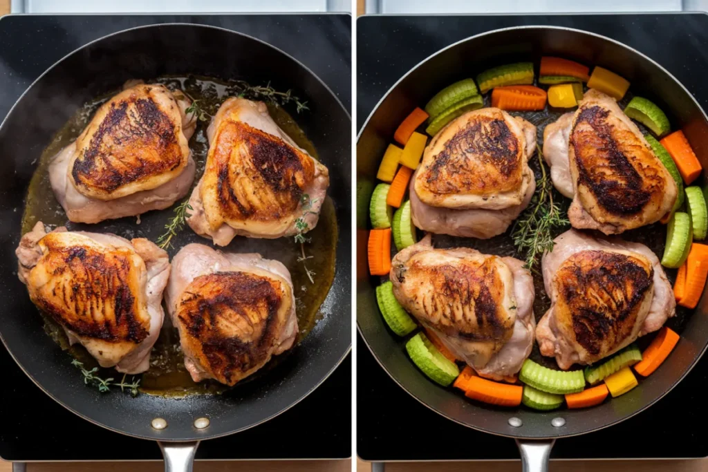 Chicken and vegetables cooking in a pan on a stovetop.