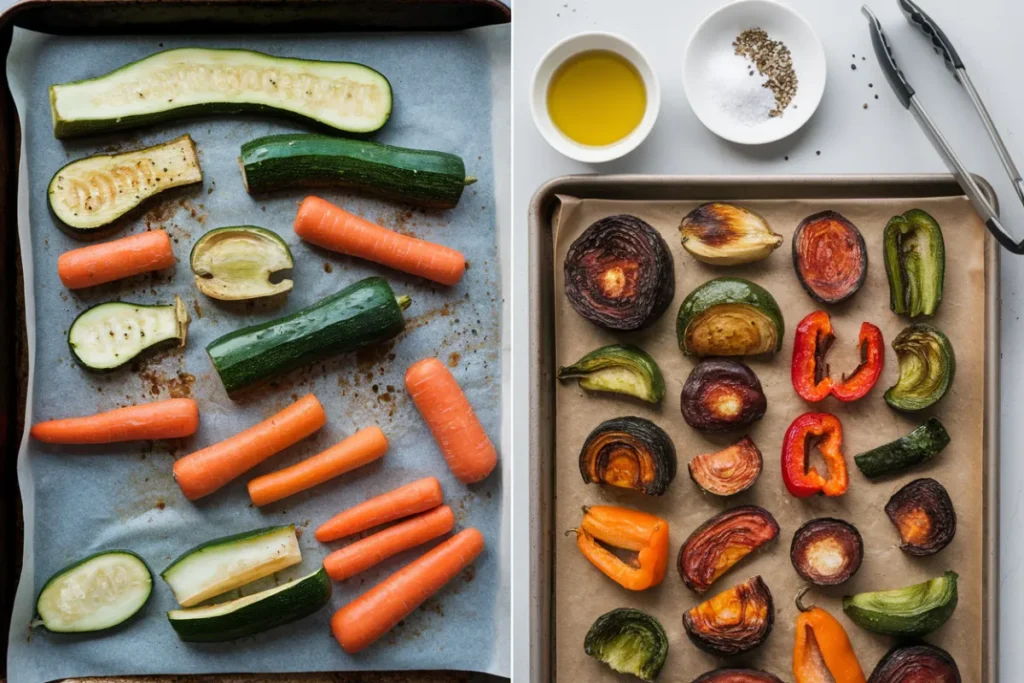 A tray of colorful roasted vegetables with crispy golden edges, spread out on a baking sheet for even roasting.