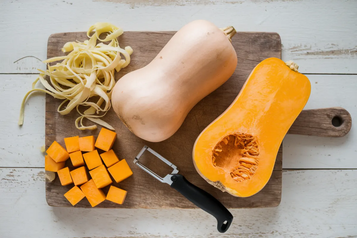 A peeled butternut squash next to a vegetable peeler on a wooden cutting board.