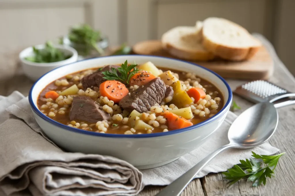 A bowl of steaming beef and barley stew garnished with fresh herbs.