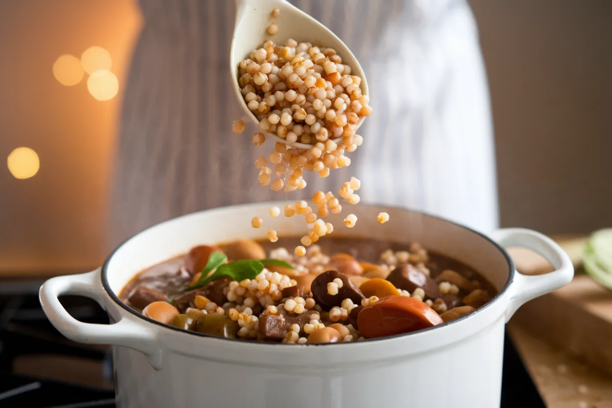 A pot of beef and barley stew simmering on the stove.