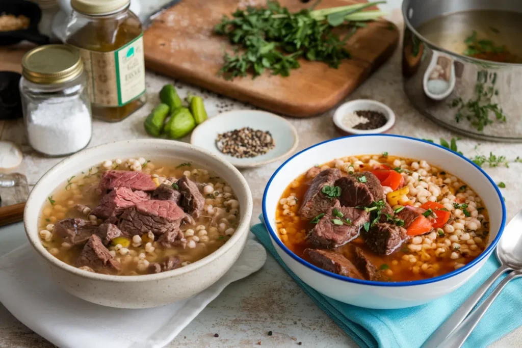 A pot of beef barley soup simmering with rich broth and tender beef.