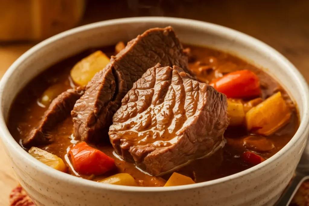 A hearty pot of beef stew simmering with tender chunks of beef and vegetables.