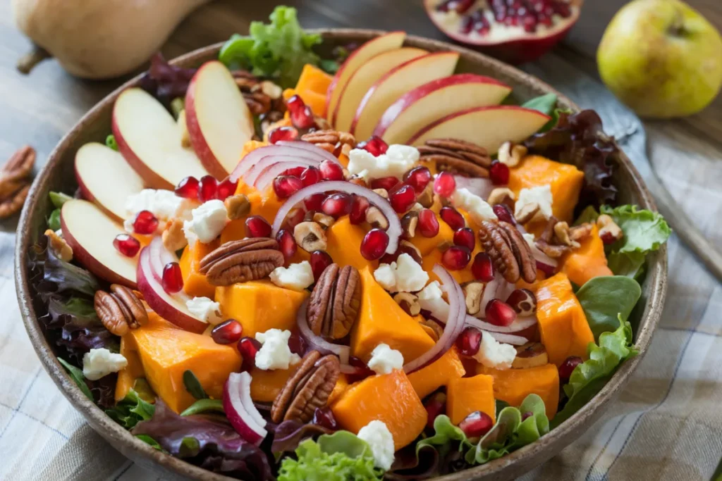 A vibrant bowl of Autumn Harvest Salad with roasted vegetables, fresh apples, and toasted nuts.