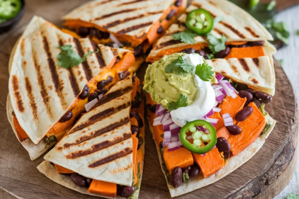 A close-up of a sliced Sweet Potato and Black Bean Quesadilla with melted cheese oozing out.