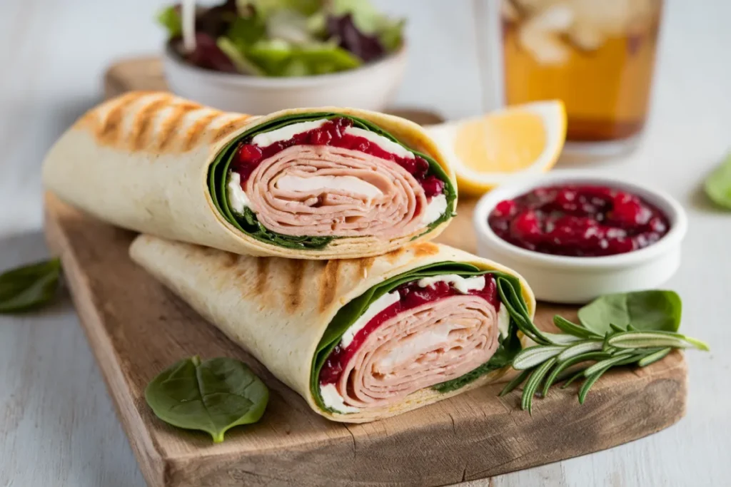 A freshly made Turkey and Cranberry Wrap with golden-brown tortilla and vibrant fillings of turkey, cranberry sauce, and greens.