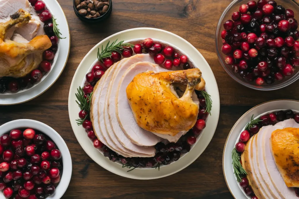 A plate of roasted turkey served with a side of cranberry sauce, highlighting the classic sweet and savory pairing.