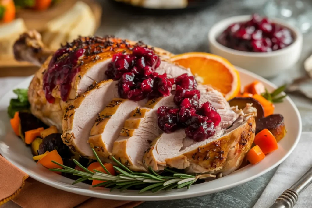 A plate of roasted turkey served with a side of cranberry sauce, illustrating the classic pairing of sweet and savory flavors.