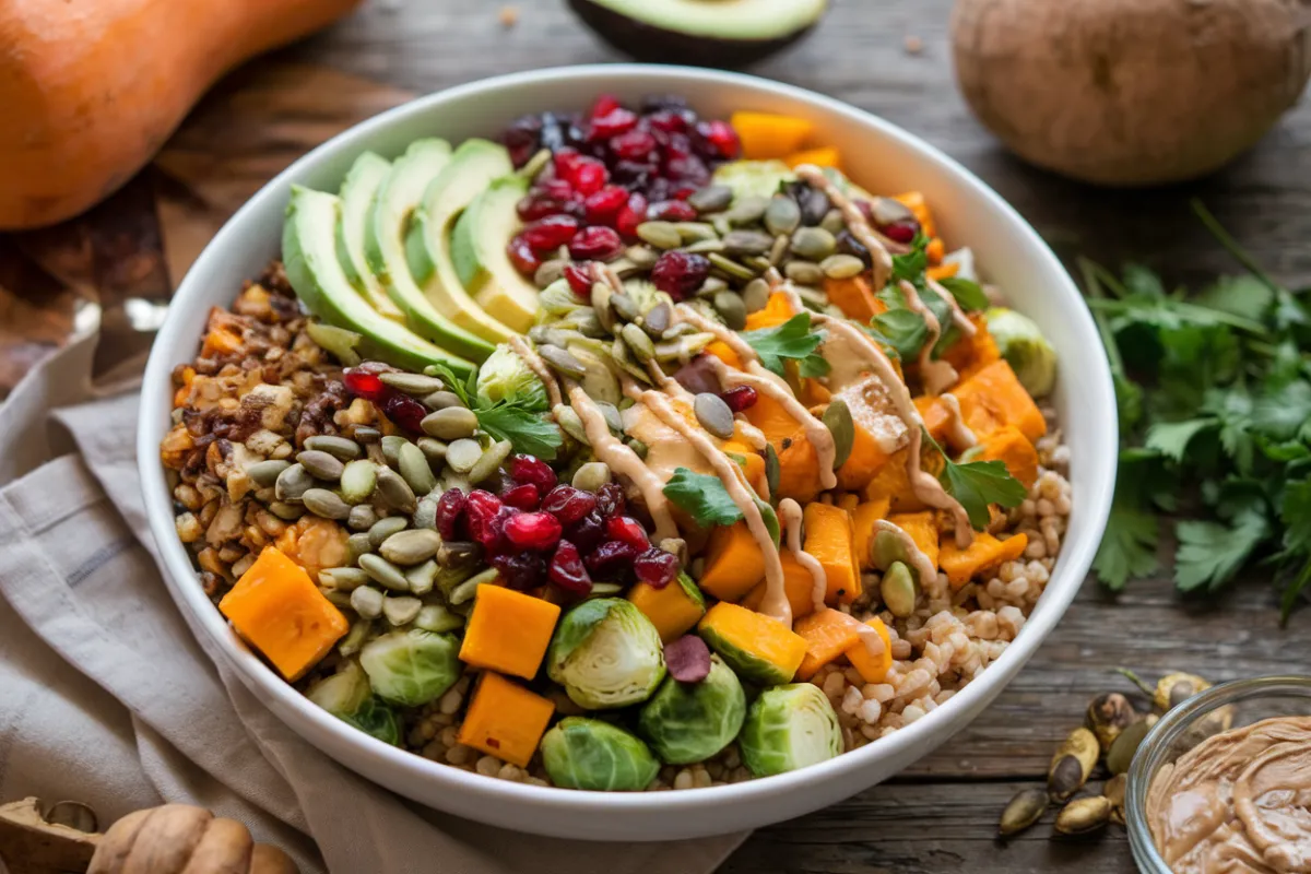 A colorful fall roasted vegetable grain bowl with quinoa, roasted squash, brussels sprouts, and a maple vinaigrette dressing.