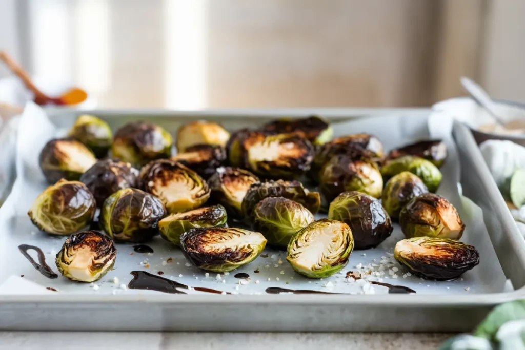 Close-up of crispy roasted Brussels sprouts on a baking sheet.