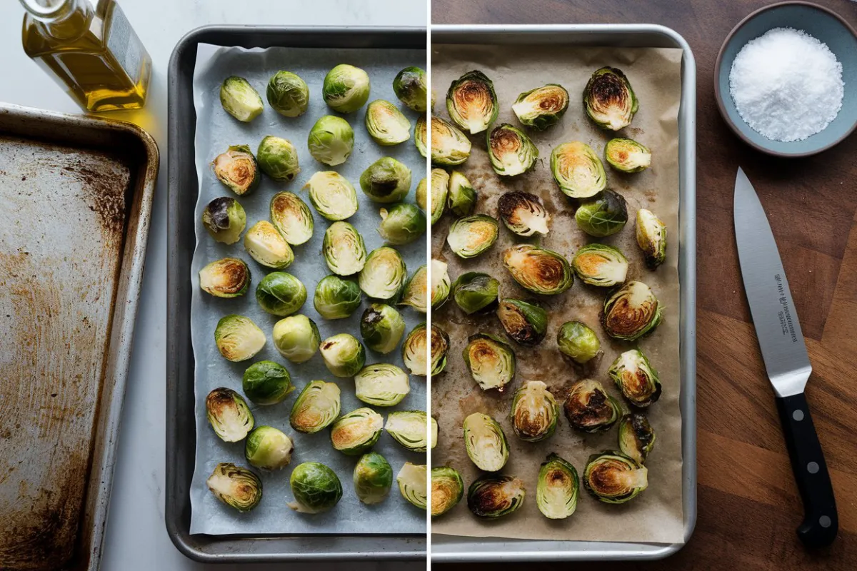 A close-up of golden-brown roasted Brussels sprouts on a baking sheet.