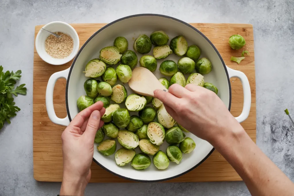 A close-up of Brussels sprouts being boiled in a pot, with steam rising.