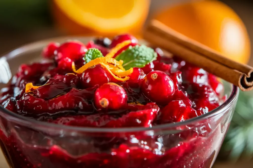 A vibrant bowl of cranberry sauce with a hint of orange zest on top.