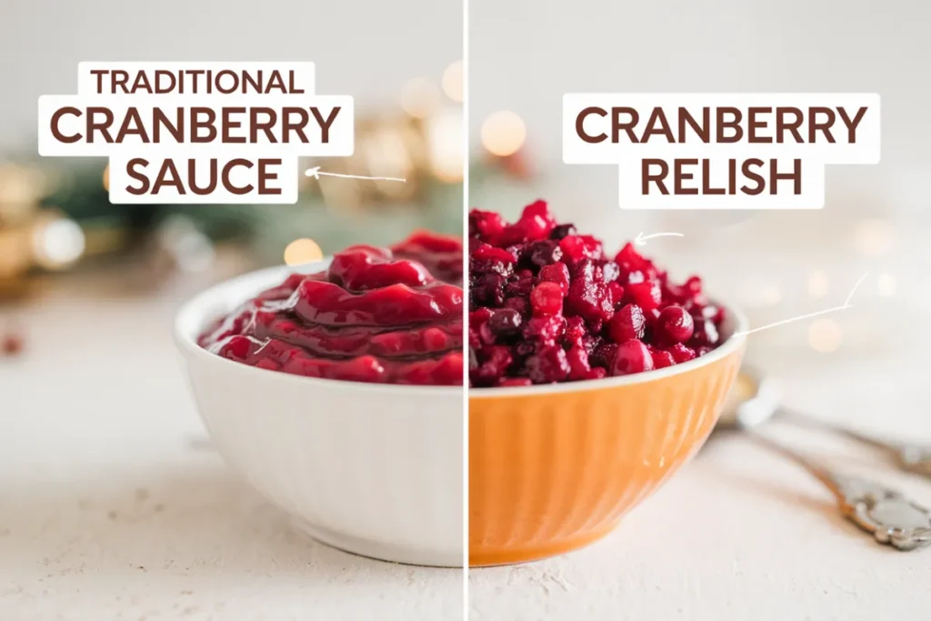 A bowl of cranberry sauce next to a bowl of cranberry relish, showcasing the difference in texture and color.