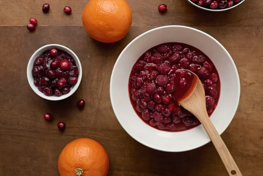 A can of cranberry sauce with whole berries and a spoon beside it.