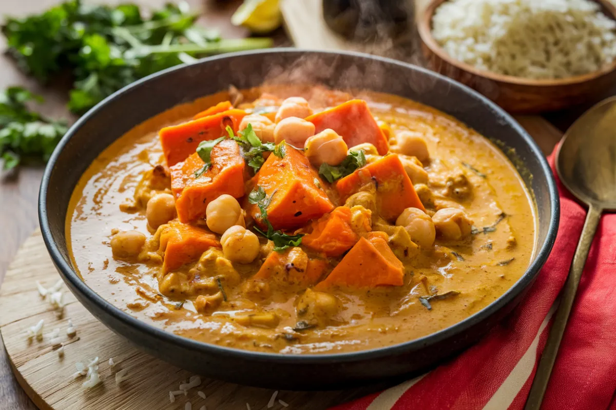 Bowl of sweet potato curry with chickpeas, spinach, and coconut milk garnished with cilantro.