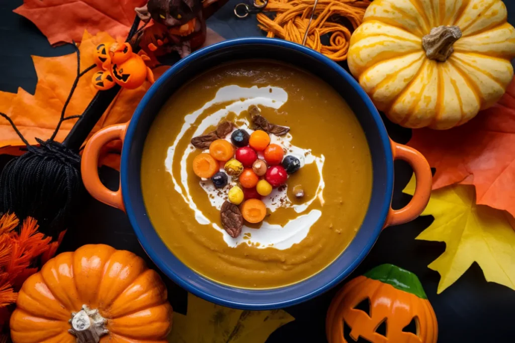 Bowl of creamy Halloween pumpkin soup garnished with pumpkin seeds and herbs.