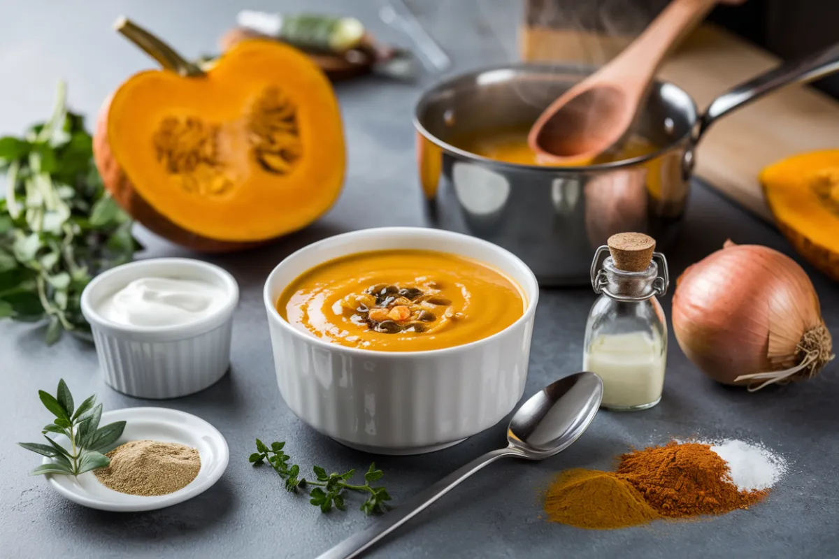 Bowl of pumpkin soup with fresh herbs, showing a smooth texture and vibrant color.