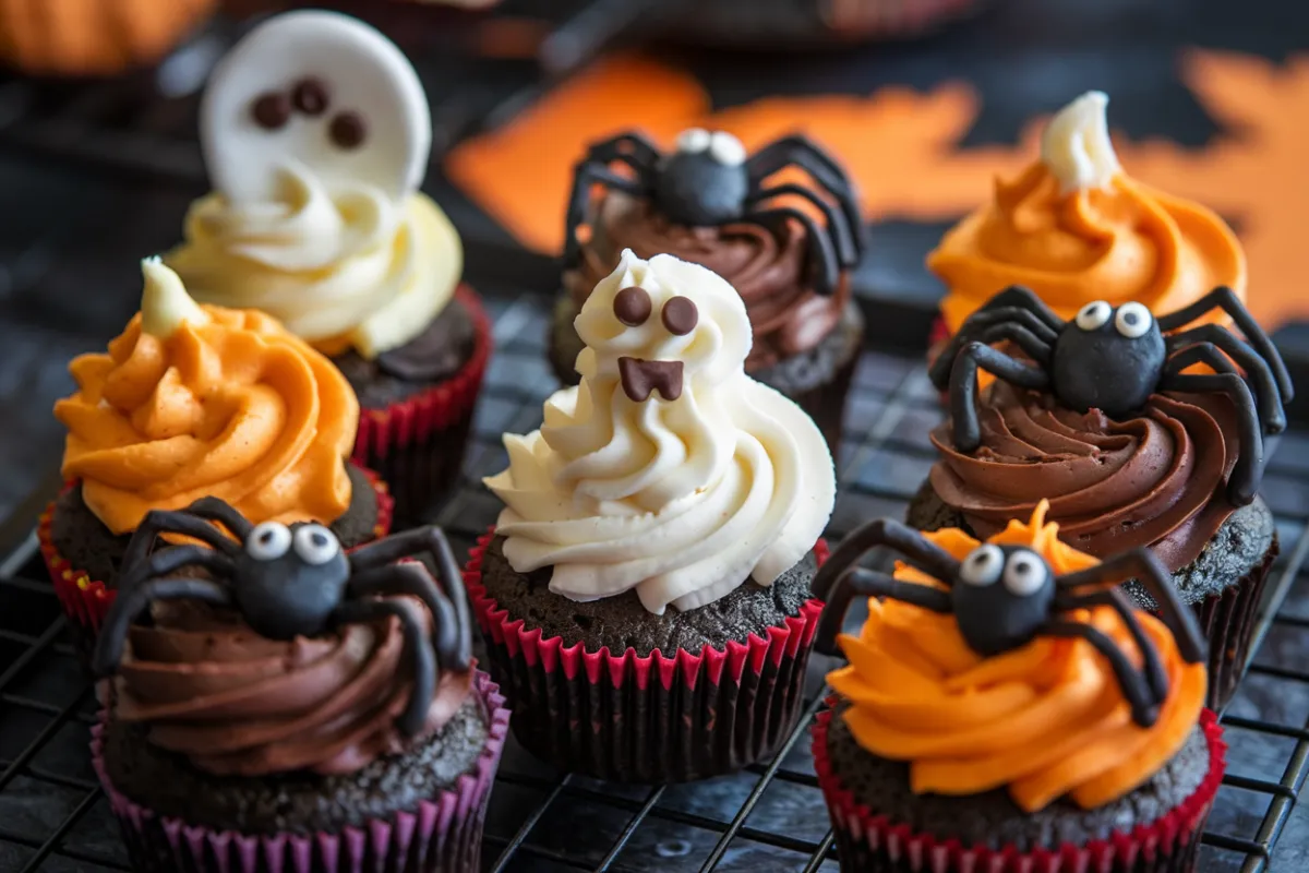 Spooky Halloween cupcakes decorated with ghosts, spiders, and pumpkins.