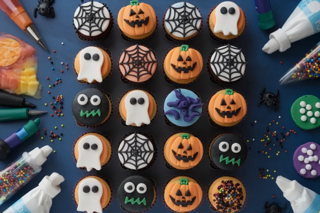 A tray of spooky Halloween cupcakes decorated with ghosts, spiders, and pumpkins.