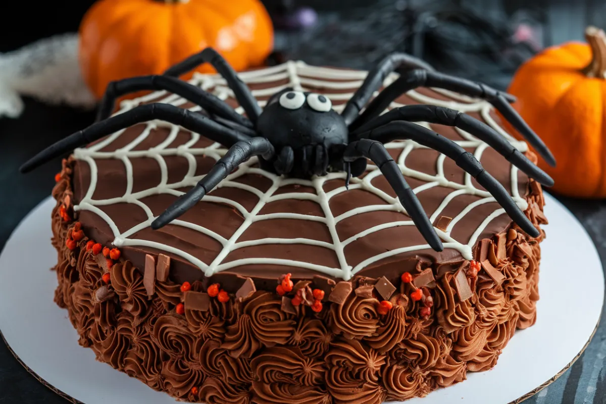 Halloween chocolate spider cake with spider web design and chocolate spiders.