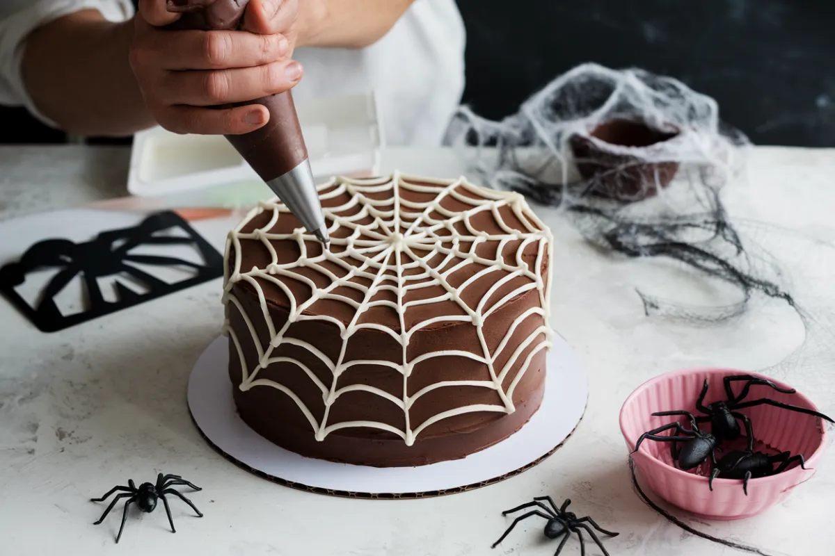 A Halloween cake with a piped spider web design and chocolate spiders.