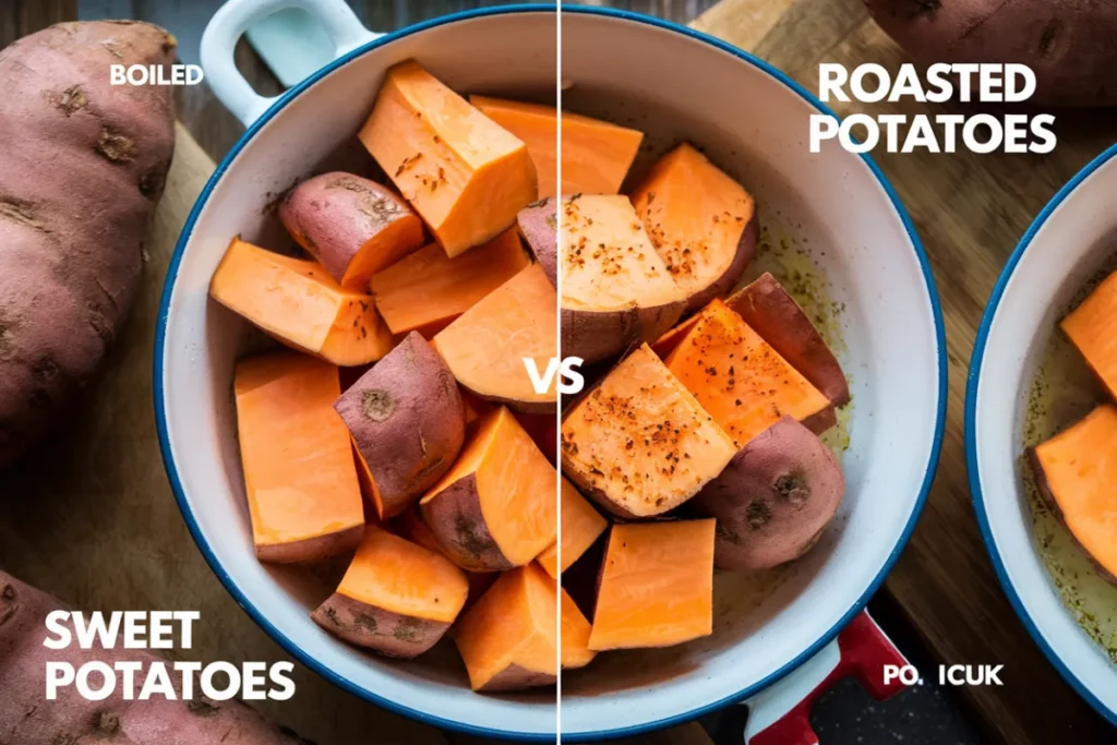 Roasted sweet potatoes on a baking sheet with olive oil and herbs.