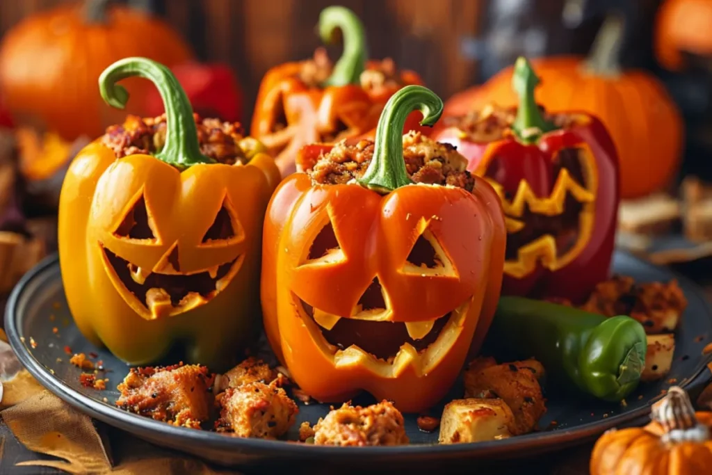 Halloween stuffed peppers carved like Jack-O'-Lanterns and filled with savory stuffing.