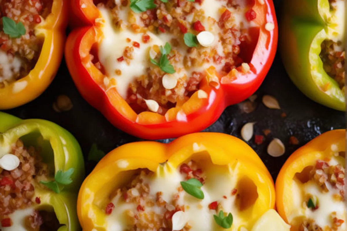 A tray of stuffed peppers baked with a golden, firm texture.