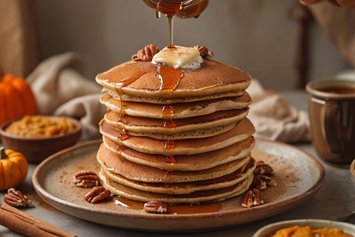 Fluffy pumpkin spice pancakes topped with butter and maple syrup.