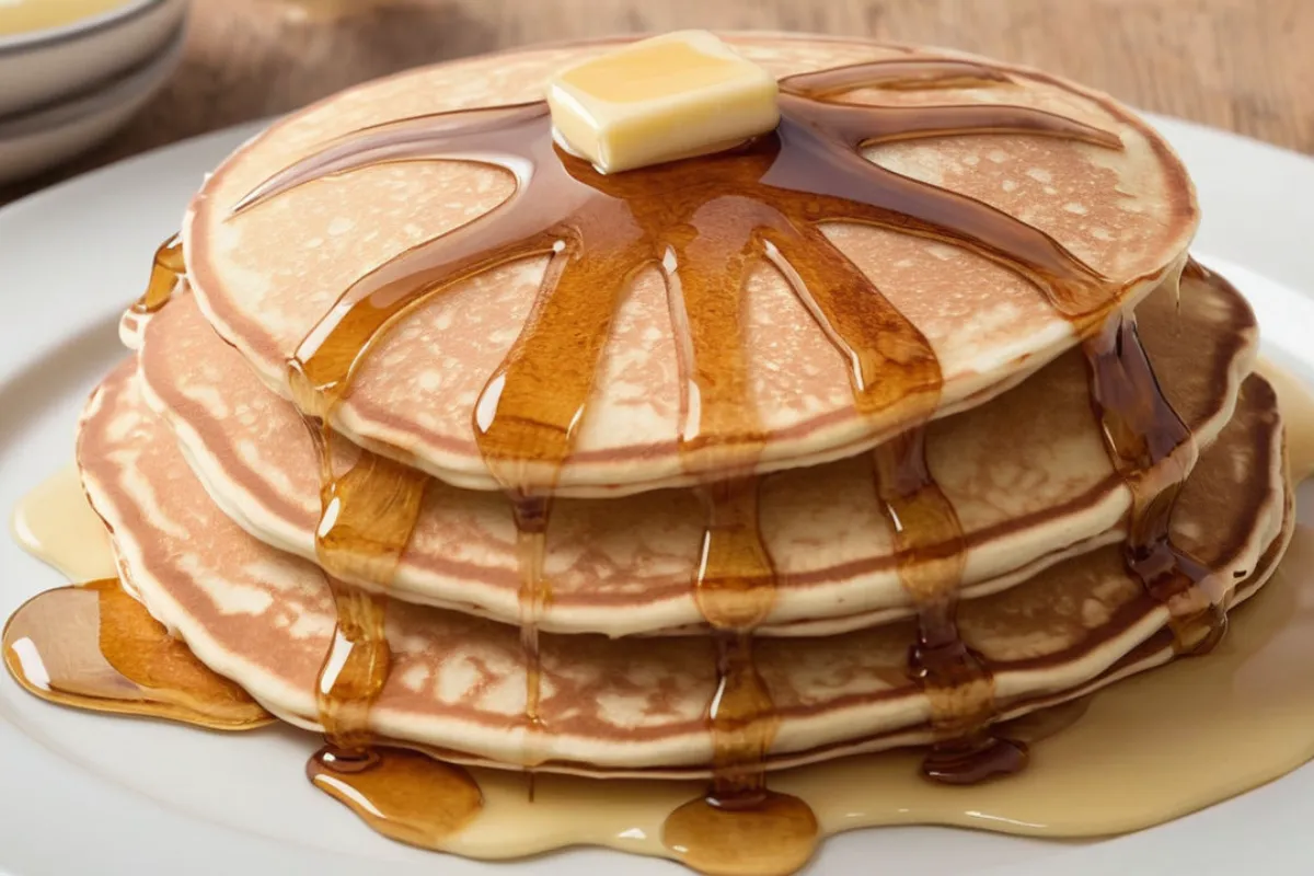 A stack of fluffy, golden-brown pancakes topped with melting butter and maple syrup.