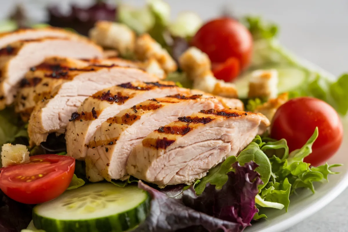 A bowl of grilled chicken salad with mixed greens, tomatoes, and avocado slices.