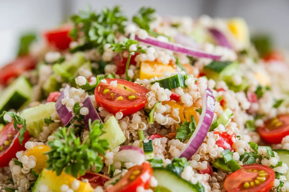 A colorful bowl of quinoa salad with fresh vegetables and herbs.