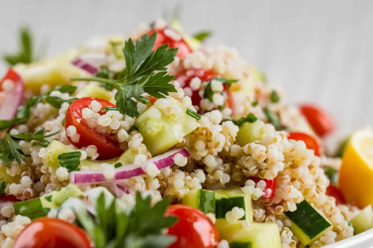 A bowl of fresh quinoa salad with vegetables and herbs, served with a light lemon dressing.