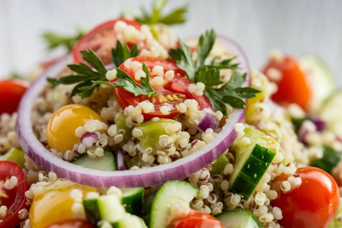 A bowl of quinoa mixed with fresh vegetables, herbs, and a light dressing.